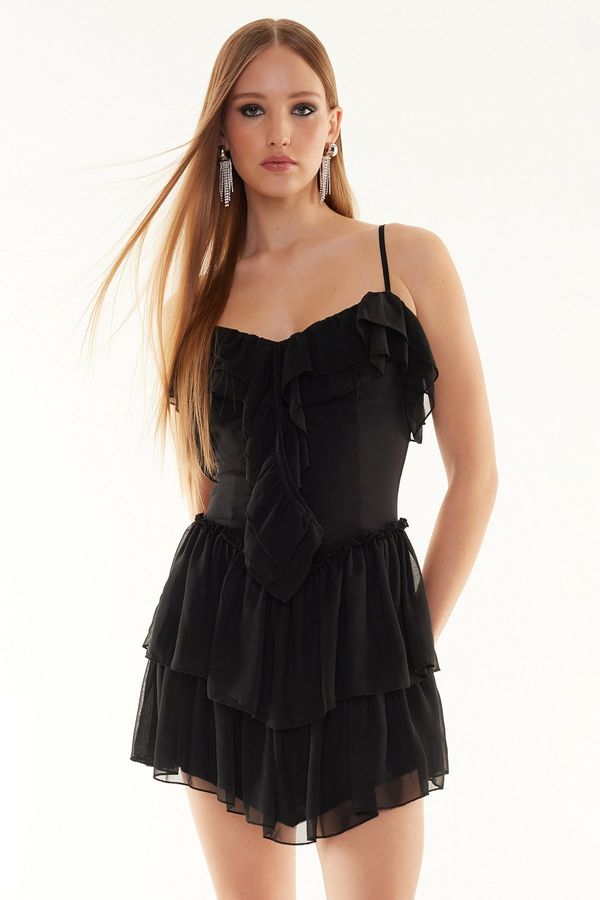 Trendyol Trendyol Black A-Line Ruffled Woven Chiffon Short Dress