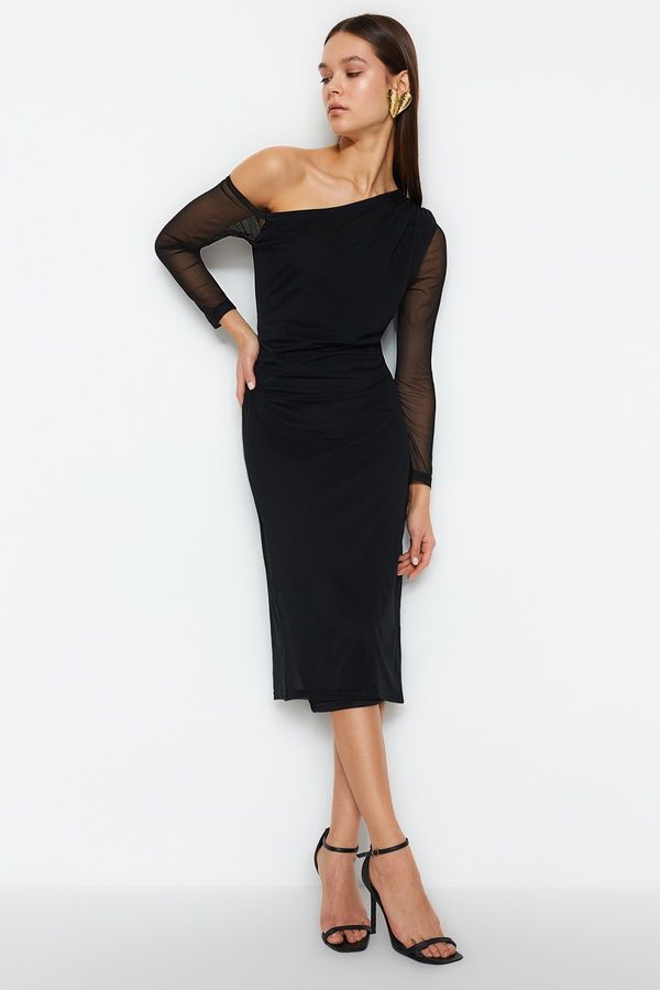 Trendyol Trendyol Black Abstract Lined Asymmetrical Collar Knitted Dress