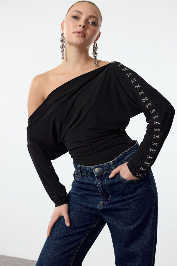 Trendyol Trendyol Black Argaf Detailed Boat Neck Knitted Blouse