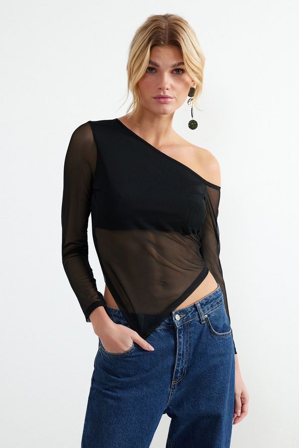 Trendyol Trendyol Black Asymmetric Tulle Back Sheer Knitted Blouse