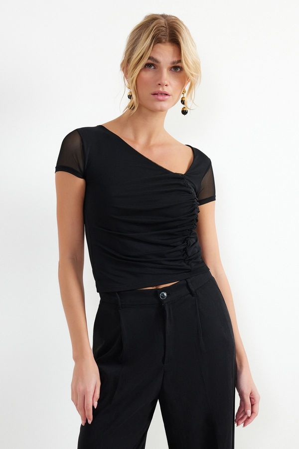 Trendyol Trendyol Black Asymmetrical Collar Tulle Stretchy Knitted Blouse