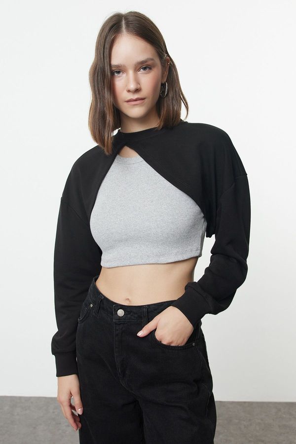 Trendyol Trendyol Black Asymmetrical Super Crop Crew Neck Thin Knitted Sweatshirt