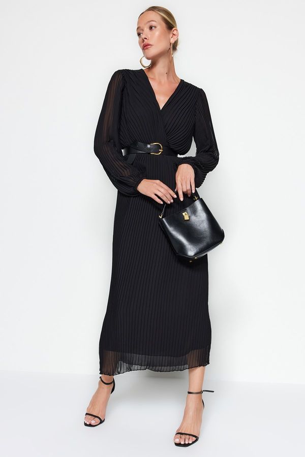 Trendyol Trendyol Black Belted A-Line Pleated Maxi Lined Chiffon Woven Dress