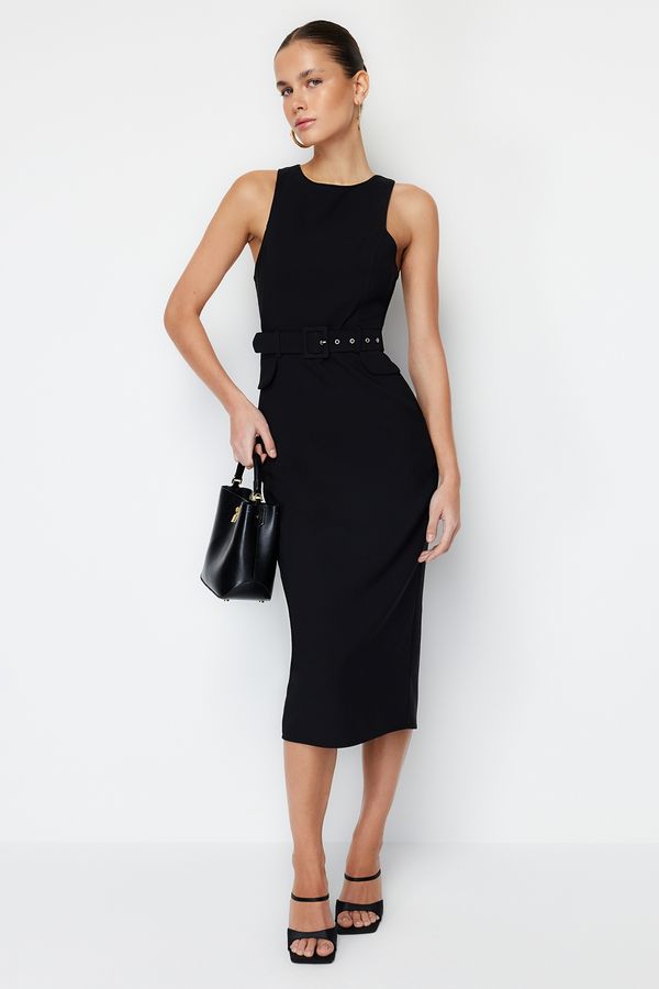 Trendyol Trendyol Black Belted Bodycon Sleeveless Midi Pencil Skirt Woven Dress