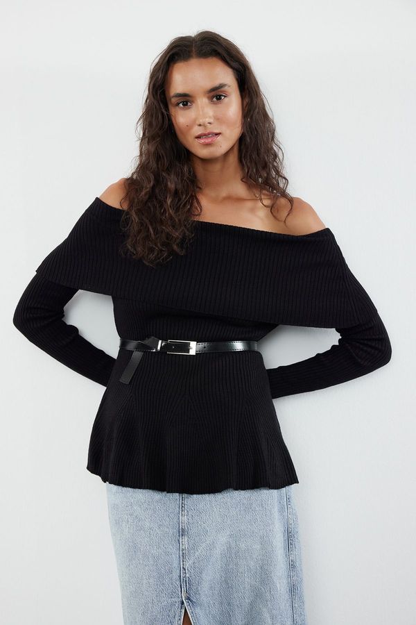 Trendyol Trendyol Black Belted Carmen Collar Knitwear Sweater