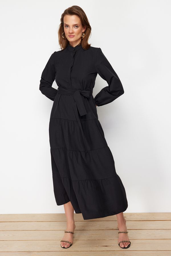 Trendyol Trendyol Black Belted Grand Collar Button Detailed Woven Dress