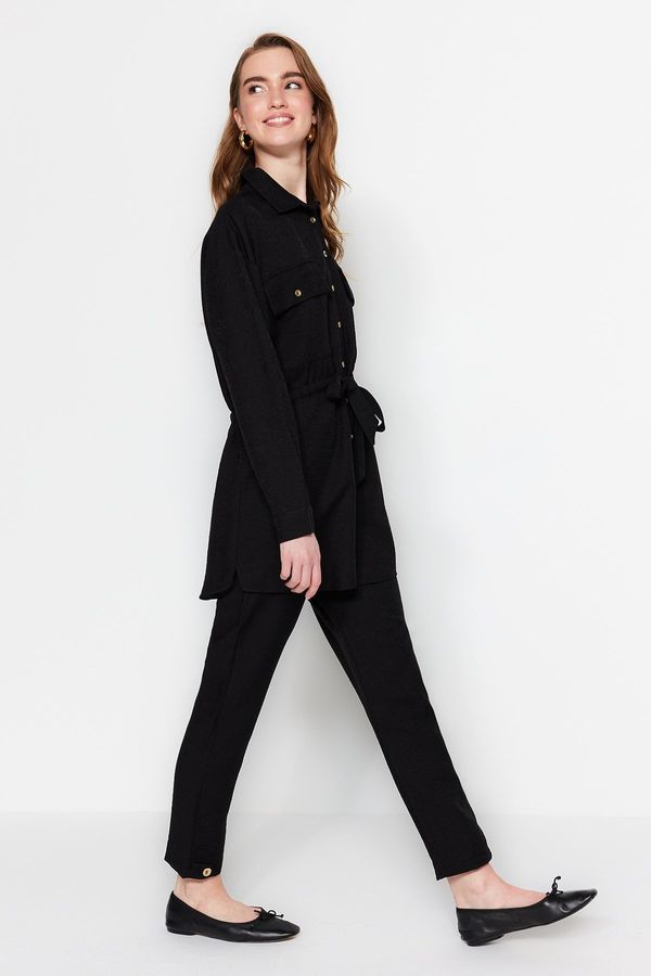 Trendyol Trendyol Black Belted Linen Look Shirt-Pants Suit