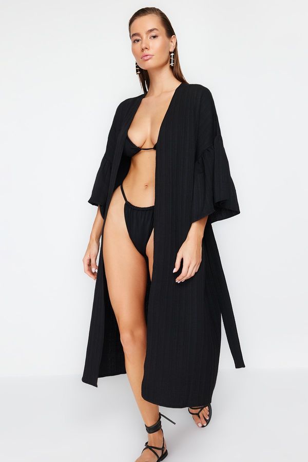 Trendyol Trendyol Black Belted Maxi Woven Flounce Linen Blended Kimono & Kaftan