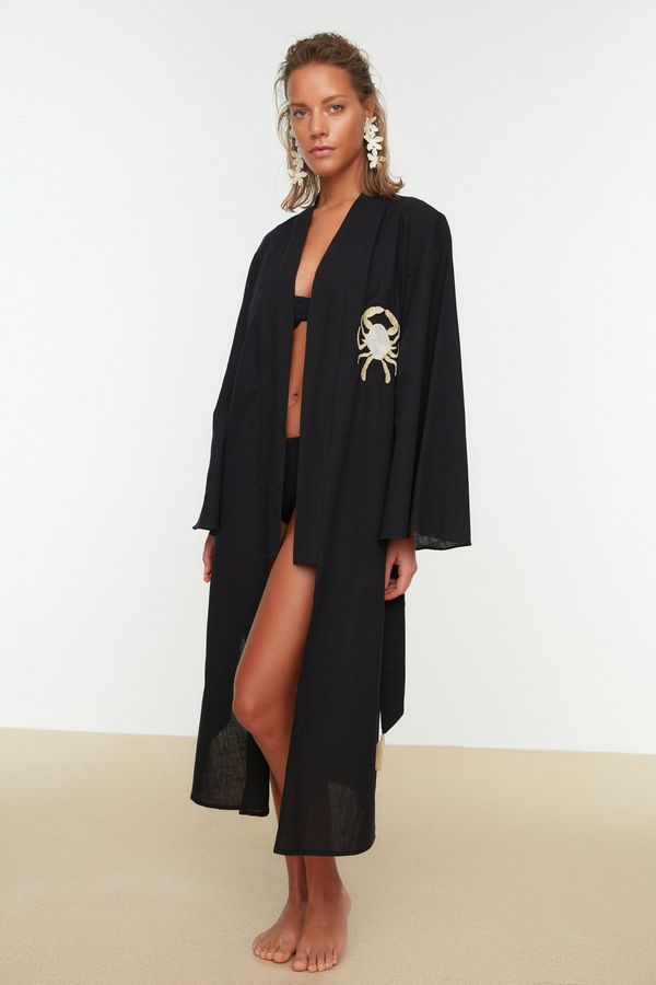 Trendyol Trendyol Black Belted Midi 100% Cotton Kimono & Kaftan With Woven Embroidery