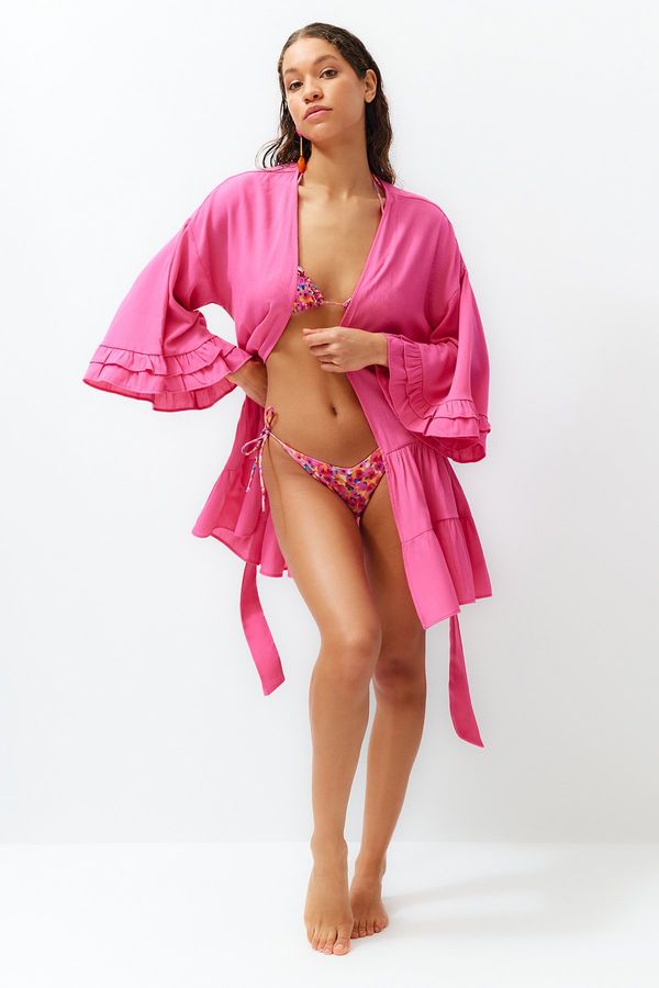 Trendyol Trendyol Black Belted Mini Woven Frilly Kimono & Kaftan