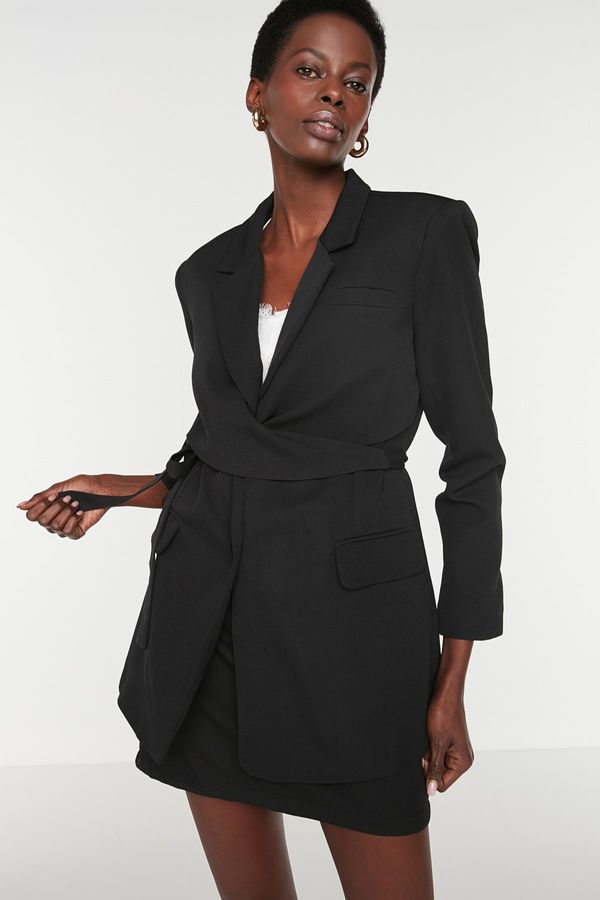 Trendyol Trendyol Black Belted Regular Lined Double Breasted Closure Woven Blazer Jacket