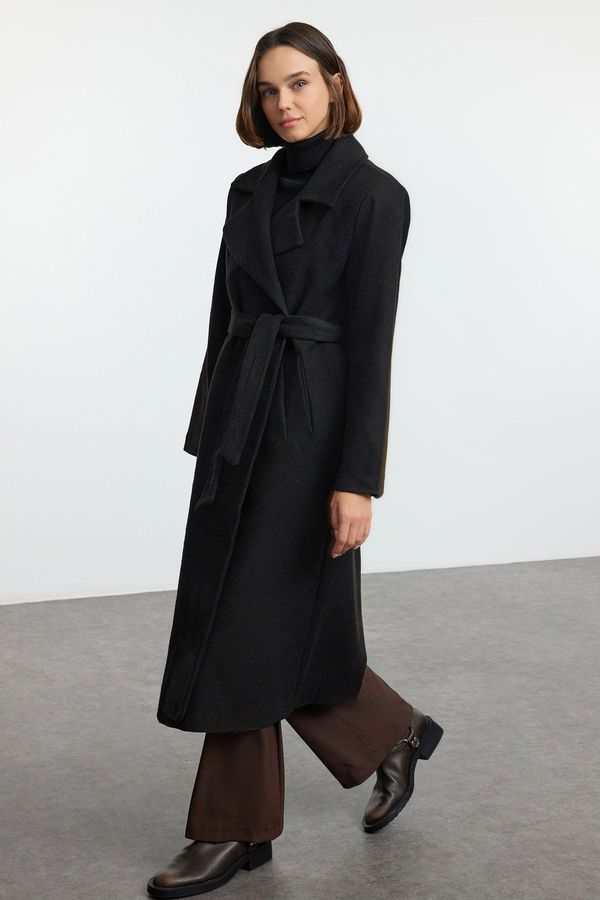 Trendyol Trendyol Black Belted Regular Wool Long Topcoat Formed Lined Coat