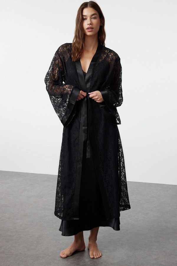 Trendyol Trendyol Black Belted Satin Band Detail Lace Knitting Dressing gown