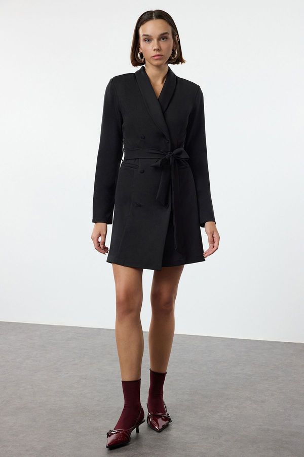 Trendyol Trendyol Black Belted Shawl Collar Mini Woven Jacket Dress