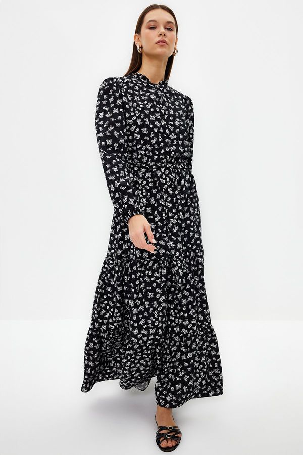 Trendyol Trendyol Black Belted Skirt Flounce Floral Pattern Lined Woven Dress