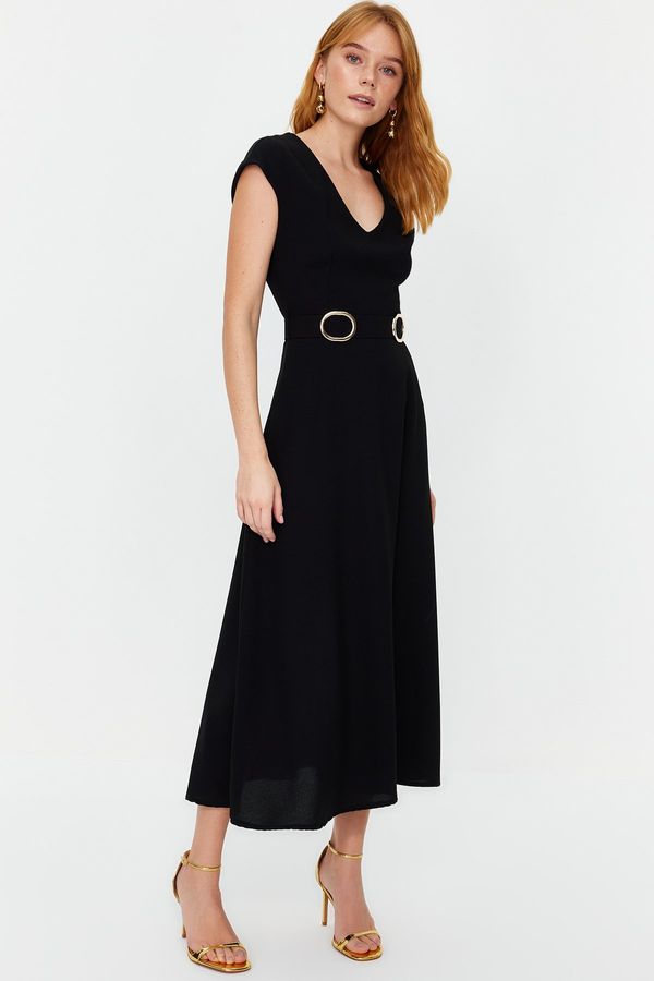 Trendyol Trendyol Black Belted Skirt Flounced Midi Crepe Woven Dress