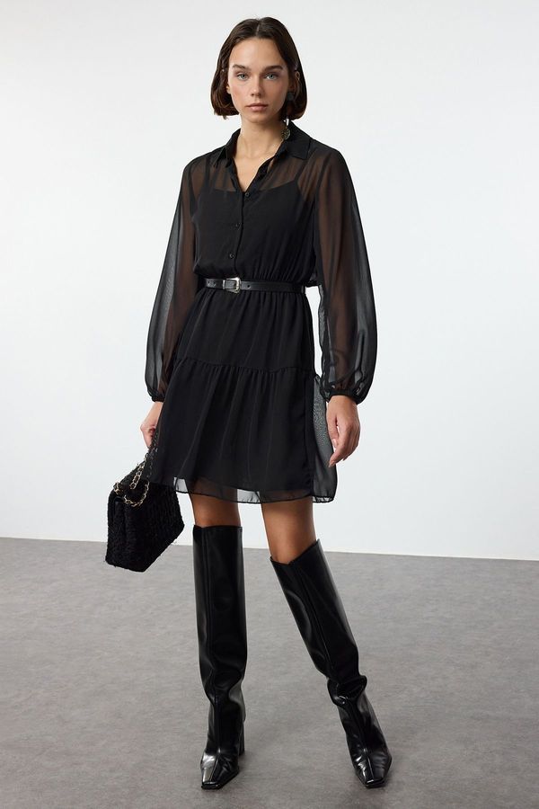 Trendyol Trendyol Black Belted Skirt Opening at Waist Lined Chiffon Woven Winter Dress