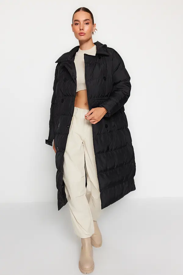 Trendyol Trendyol Black Belted vodoodbojni dolg napihljiv plašč