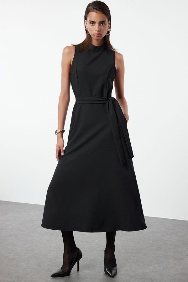 Trendyol Trendyol Black Belted Waist Opening Stand Collar Midi Woven Dress