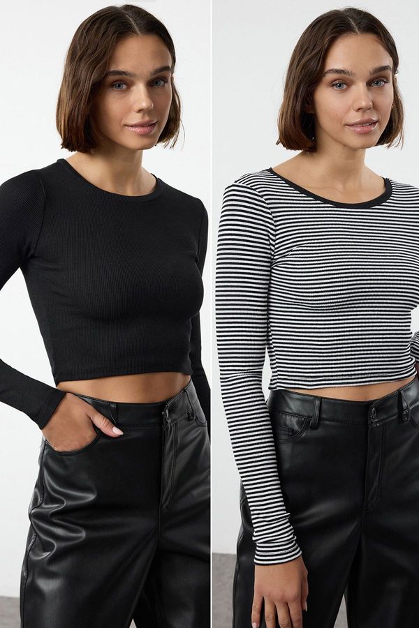 Trendyol Trendyol Black-Black Striped 2 Pack Fitted Flexible Knitted Blouse