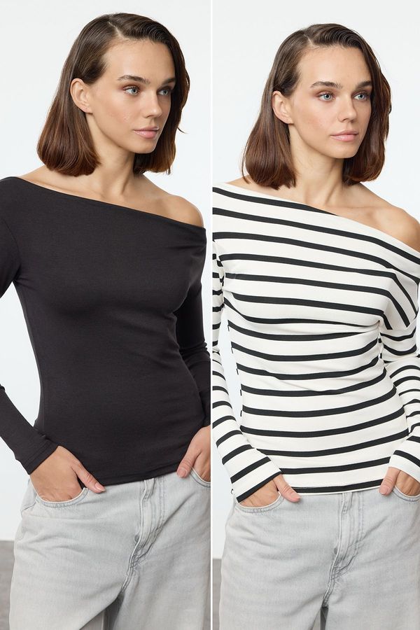 Trendyol Trendyol Black-Black Striped Soft Touch/Soft Fabric Fitted Stretchy Knitted Blouse