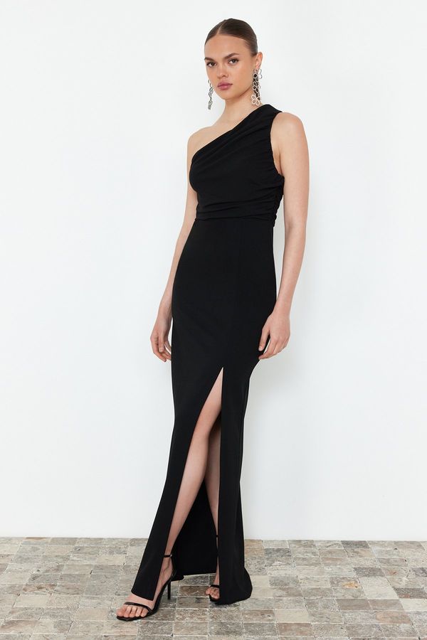 Trendyol Trendyol Black Body-Sitting Single Sleeve Knitted Long Evening Gowns Dress