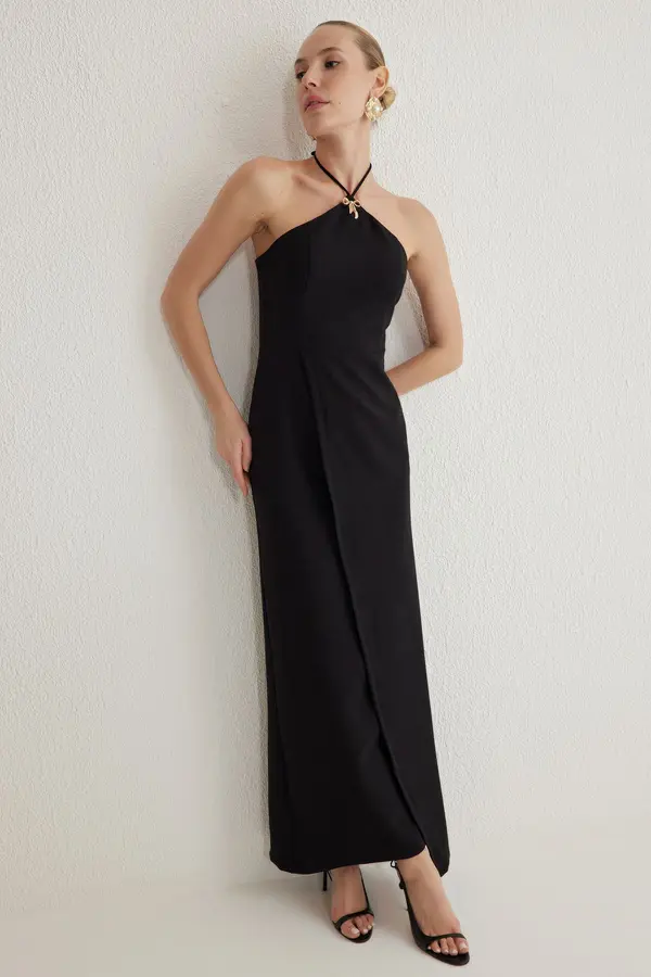 Trendyol Trendyol Black Bow Accessory Detail Woven Maxi Elegant Evening Dress &amp; Graduation Dress