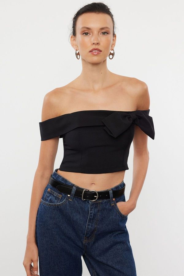 Trendyol Trendyol Black Bow Detailed Carmen Collar Crop Woven Blouse