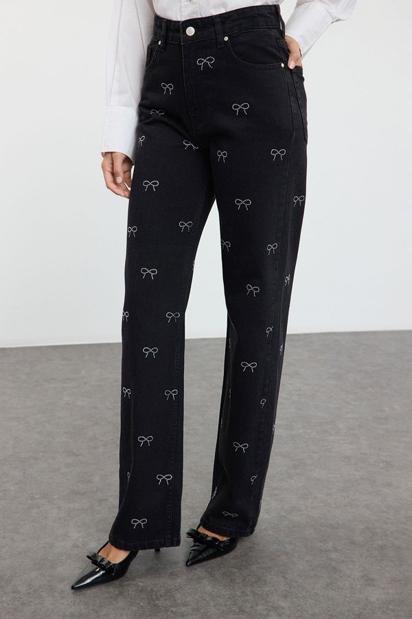 Trendyol Trendyol Black Bow Detailed High Waist Wide Leg Jeans