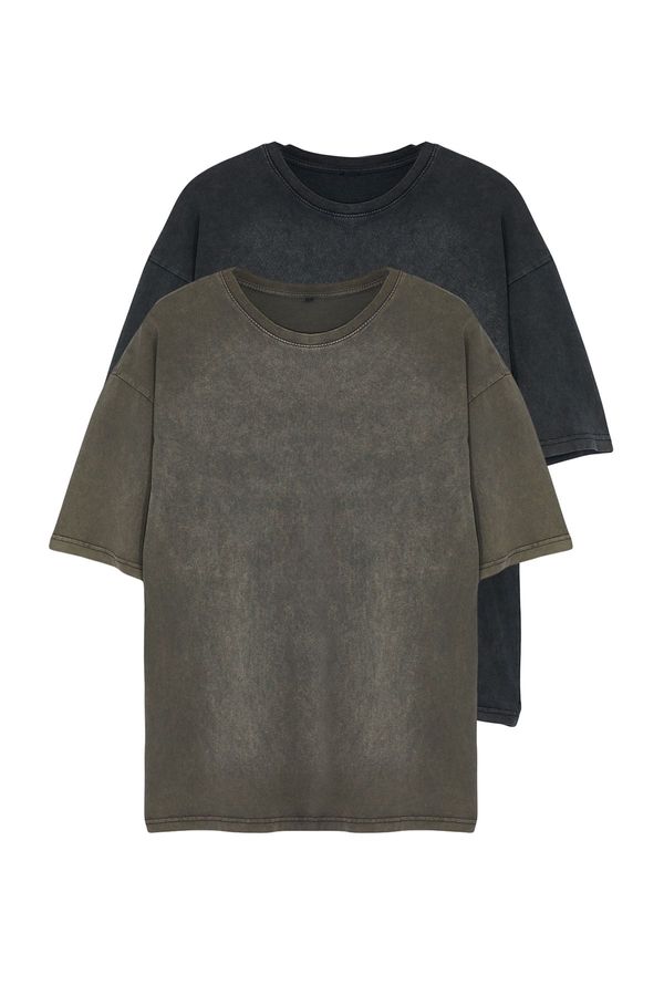 Trendyol Trendyol Black-Brown Aged/Faded Effect 2 Pack Basic Tshirt