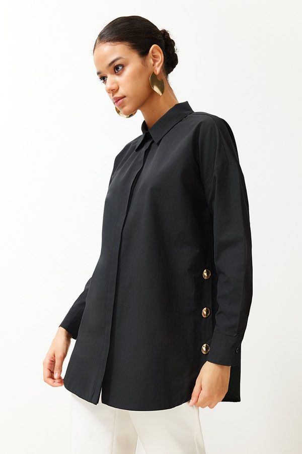 Trendyol Trendyol Black Button Accessory Detailed Cotton Woven Shirt