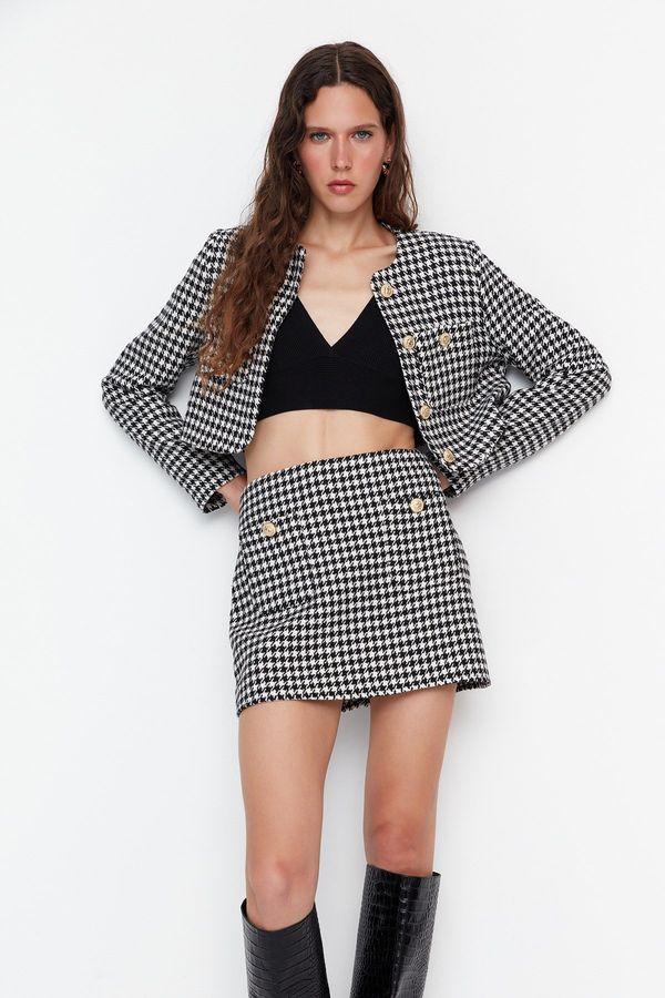 Trendyol Trendyol Black Button Detailed Houndstooth Patterned Mini Woven Skirt