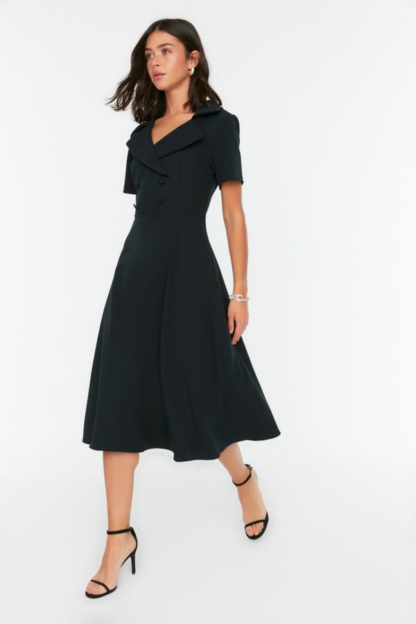 Trendyol Trendyol Black Button Detailed Skater/Belt Opening Midi Woven Dress