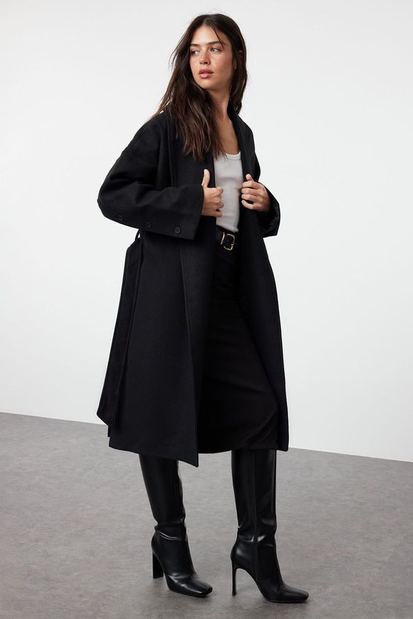 Trendyol Trendyol Black Button Detailed Slit Oversize Coat