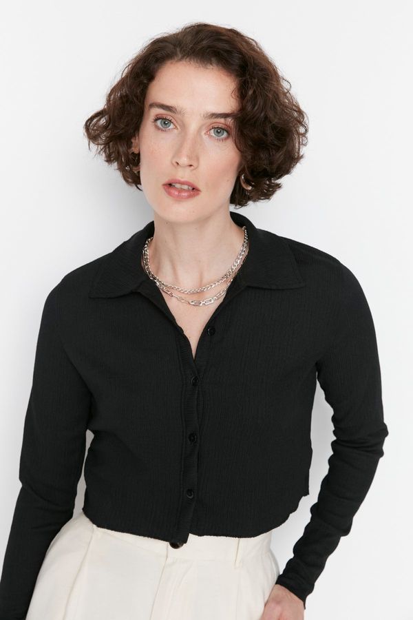 Trendyol Trendyol Black Button Fitted Polo Neck Ruffle/Textured Crop Knitted Blouse