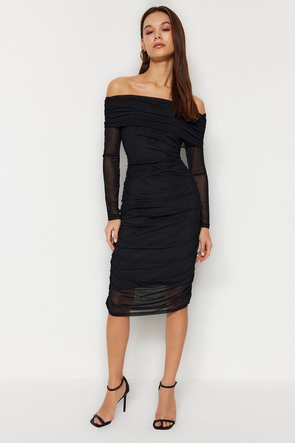 Trendyol Trendyol Black Carmen Collar Fitted Tulle Lined Midi Gathered Knitted Dress