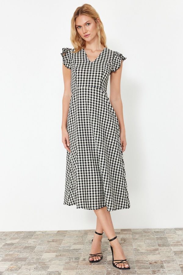 Trendyol Trendyol Black Checkered A-Line Gipe Detailed Midi Woven Dress