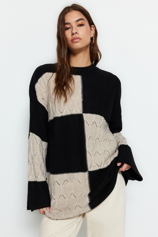 Trendyol Trendyol Black Color Block Knitted Knitwear with Openwork/Perforated Sweaters