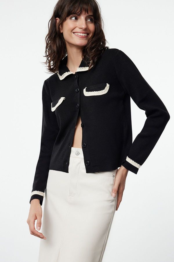 Trendyol Trendyol Black Color Blocked Polo Neck Knitwear Cardigan