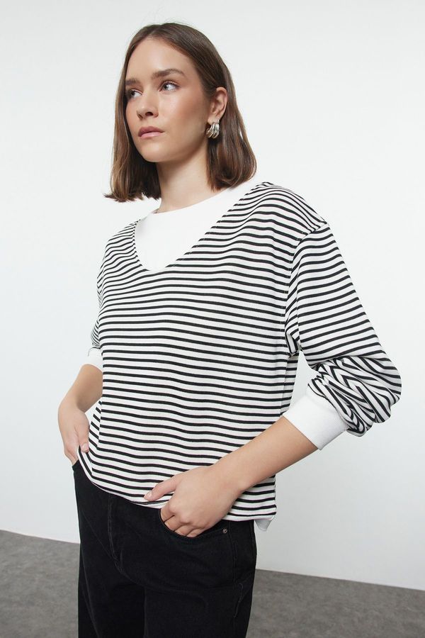 Trendyol Trendyol Black Color Blocked Striped Oversize/Wide Fit Collar Thick Knitted Sweatshirt