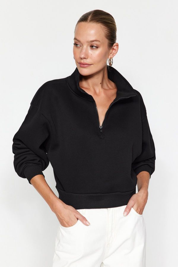 Trendyol Trendyol Black Comfort Fit Crop Basic Zipper High Neck Fleece Inner Knitted Sweatshirt