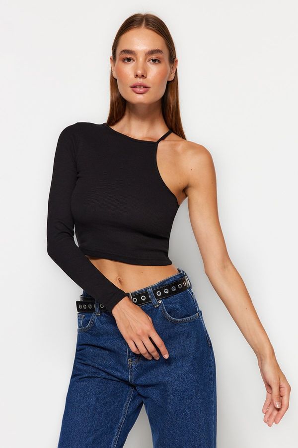 Trendyol Trendyol Black Corduroy Fitted/Placed Crew-neck One-Sleeve Flexible Knitted Blouse