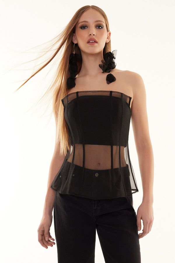 Trendyol Trendyol Black Corset Detailed Woven Organza Bustier