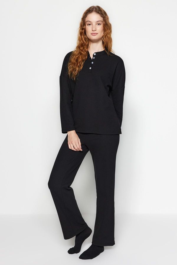 Trendyol Trendyol Black Cotton Button Detailed Textured Knitted Pajamas Set