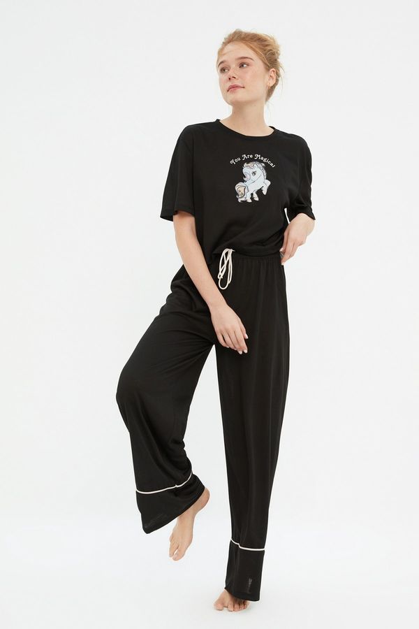 Trendyol Trendyol Black Cotton Printed T-shirt-Pants Knitted Pajamas Set