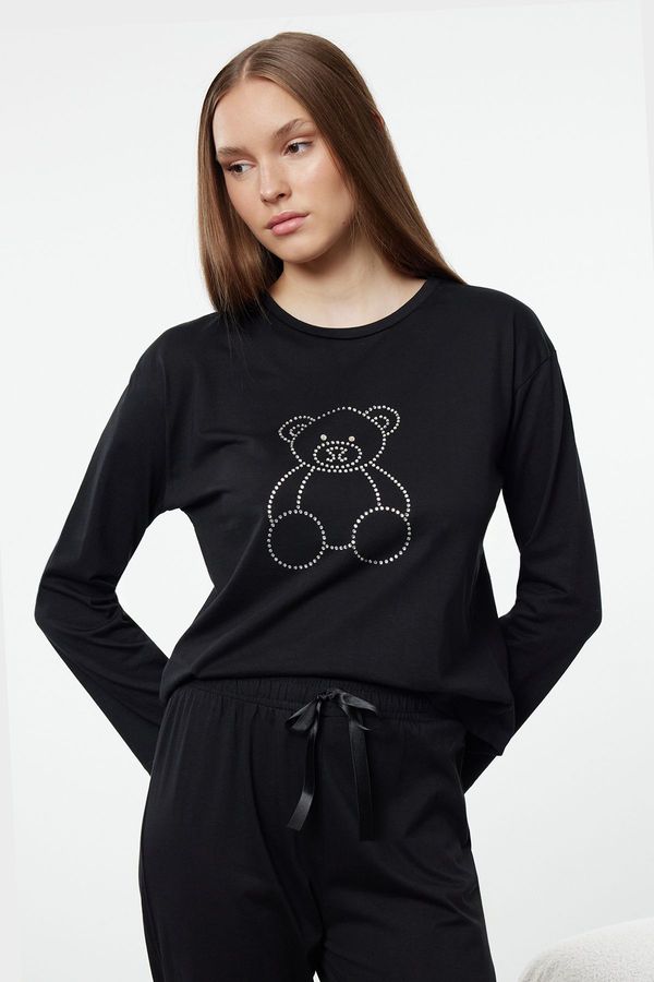 Trendyol Trendyol Black Cotton Teddy Bear Stone Printed Knitted Pajama Set