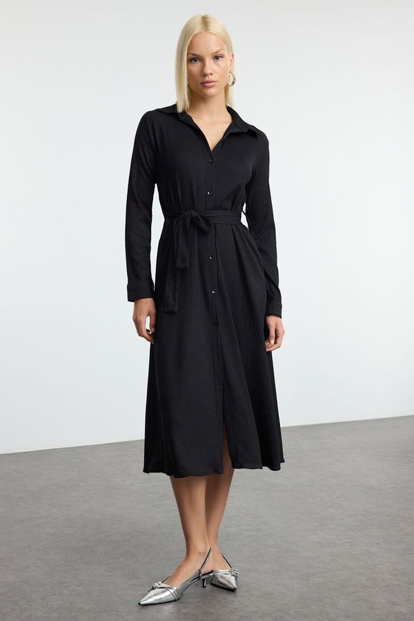 Trendyol Trendyol Black Crepe Shift Belted Long Sleeve Stretch Knit Dress