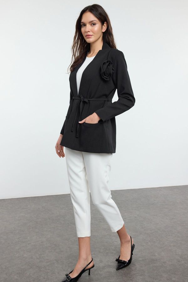 Trendyol Trendyol Black Crepe Woven Jacket with Flower Detail on Collar