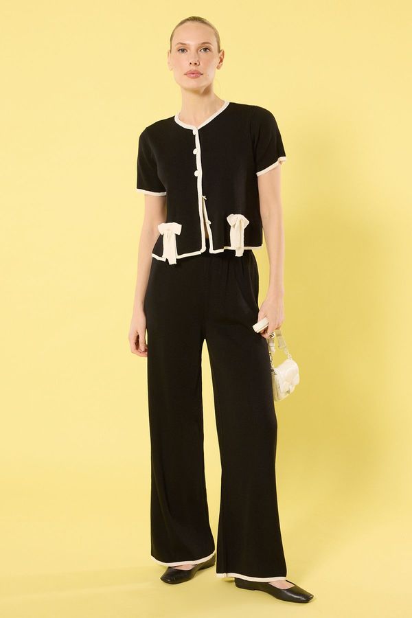 Trendyol Trendyol Black Crew Neck Ribbon Detail Cardigan-Pants Knitwear Bottom-Top Set