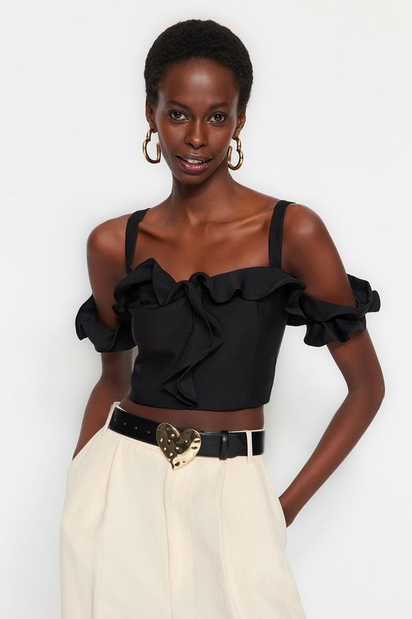 Trendyol Trendyol Black Crop Lined Woven Ruffle Bustier